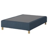 RENFJÄLLET bed base, blue fabric, wooden legs, rectangular shape.