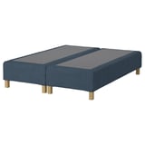 Blue upholstered bed base, rectangular, four wooden legs. Soft texture, modern design.