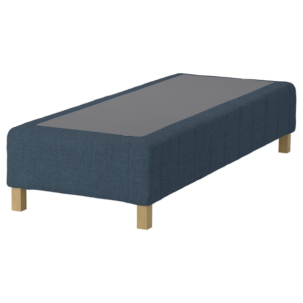 Blue bed base with wooden legs, rectangular and upholstered design.