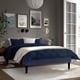 Blue RENFJÄLLET bed with wooden legs, white & blue bedding, 3 wall pictures, white rug, pendant lamp.