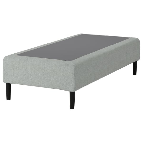 IKEA RENFJÄLLET grey fabric bed base with legs.