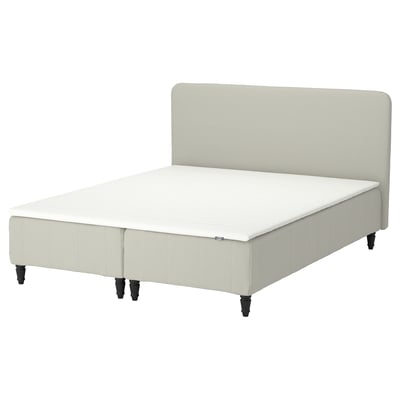 RENFJÄLLET bed: white, upholstered, rectangular, with headboard, wooden legs.