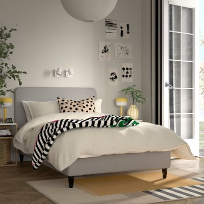 RENFJÄLLET Pocket spring mattress base, incl leg, mattress pad and headboar firm/Knisa light beige Näsfjället, 120x200 cm