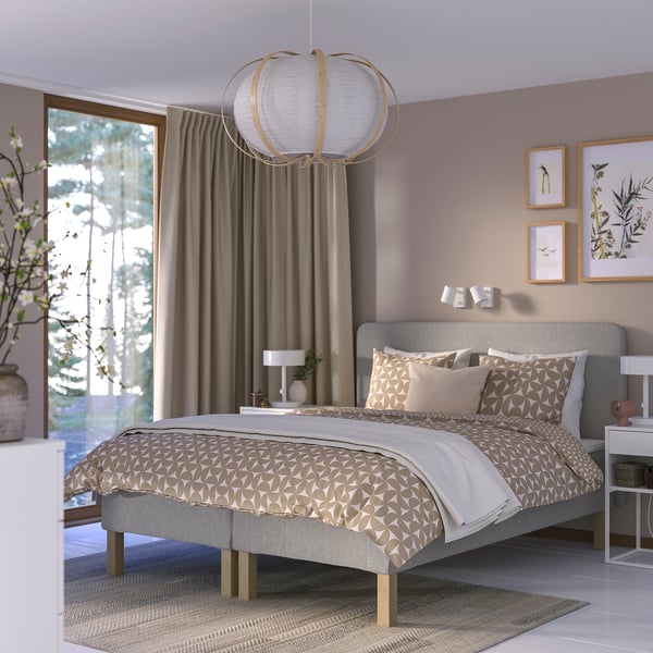 RENFJÄLLET Pocket spring mattress base, incl leg, mattress pad and headboar firm/Tibbleby beige/grey Näsfjället, 180x200 cm