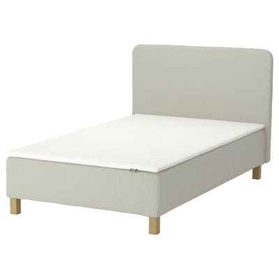 RENFJÄLLET bed, beige, upholstered, rectangular, light wooden legs.