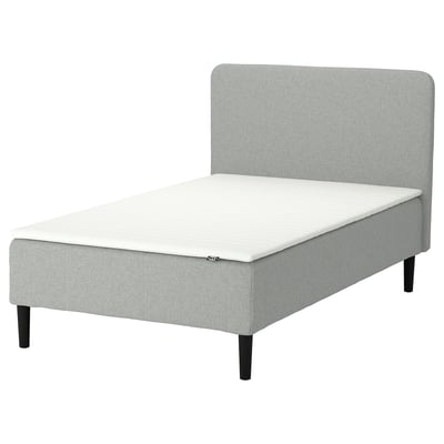 Grey RENFJÄLLET bed with white mattress, upholstered headboard, wooden legs, rectangular shape.