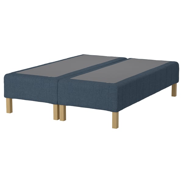 Blue fabric bed base with wooden legs. Divided into two sections, designed for pocket springs.