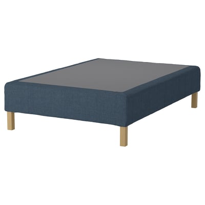 RENFJÄLLET bed base in dark blue, upholstered with wooden legs.