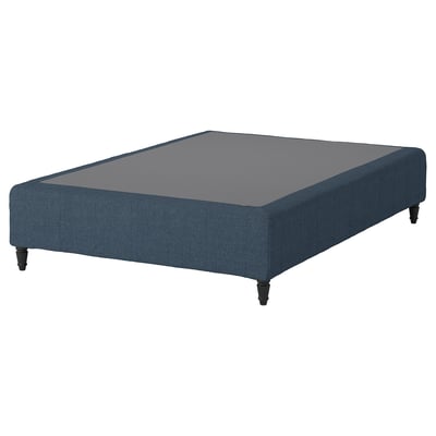 A blue fabric-covered bed base with black wooden legs. It has a rectangular shape and is designed to hold a mattress.