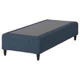 Displays a blue RENFJÄLLET bed base with black legs and a gray center, made of polyester and pine, featuring a rectangular design.