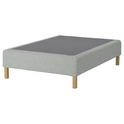 A light grey RENFJÄLLET bed base with wooden legs.