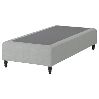 Grey upholstered orec bed with black legs, rectangular, minimalist design.