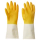 Yellow and white dish gloves with textured fingertips for better grip. Made of natural latex.