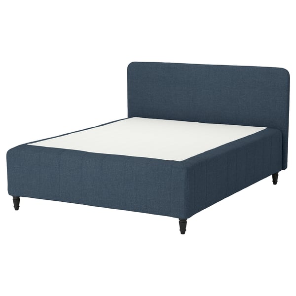 Blue fabric bed, rectangular shape, upholstered headboard and base, sturdy black legs.