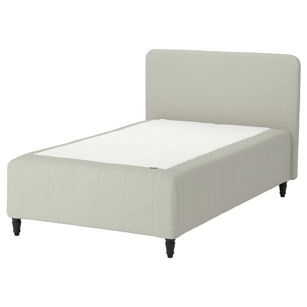 RISHÖJDEN bed: cream, fabric, rectangular, padded headboard, foam core, wooden legs.