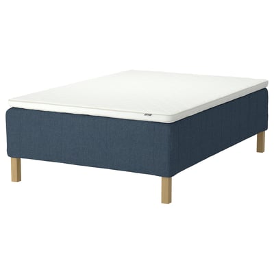 RISHÖJDEN bed in blue with white mattress, wooden legs.