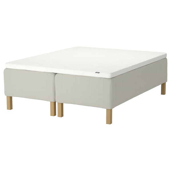 RISHÖJDEN bed: white, upholstered, square, padded, wooden legs.