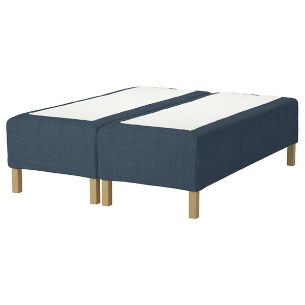 RISHÖJDEN bed base: blue fabric, wooden legs, split design.