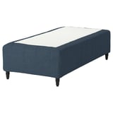 RISHÖJDEN bed: blue, rectangular, upholstered, wooden legs.