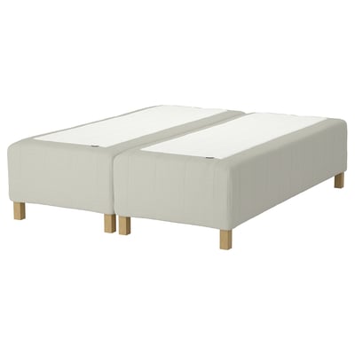 RISHÖJDEN bed base: light beige, upholstered fabric, rectangular, four wooden legs.
