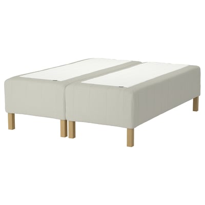 RISHÖJDEN bed base: light beige, fabric and wood, rectangular, simple design.