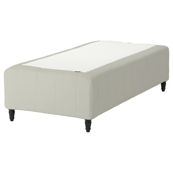 RISHÖJDEN mattress, beige, fabric, rectangular, tufted design with dark wooden legs.