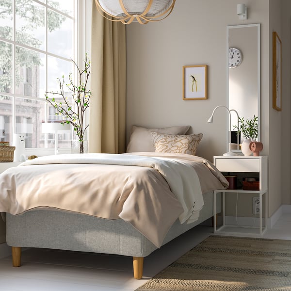 RISHÖJDEN Pocket spring mattress bse, 7 zones, incl leg firm/Tibbleby beige/grey, 90x200 cm