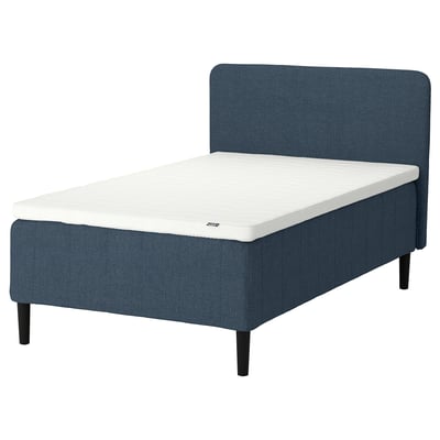 RISHÖJDEN bed, blue, foam mattress, upholstered headboard, wooden legs.
