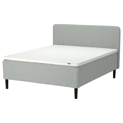 Rishojden bed: light grey, upholstered with foam & springs, high headboard, black legs.