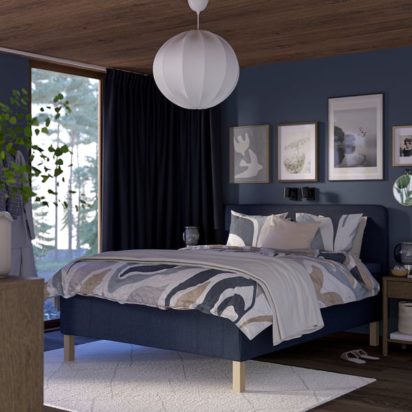 RISHÖJDEN Pocket spring mattress bse, 7 zones, incl leg, mattress pad and headboar medium firm/Kilanda dark blue Norrsele, 180x200 cm