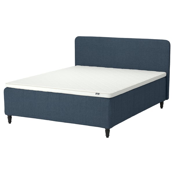 Blue fabric bed with white mattress, square legs, and soft headboard.