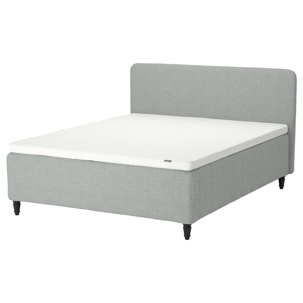 RISHÖJDEN grey bed with white mattress, upholstered fabric, rectangular, modern design.