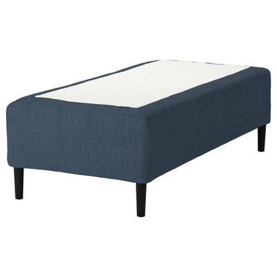 Blue fabric bed frame with white edge detail, rectangular, dark wooden legs, button-tufted design.