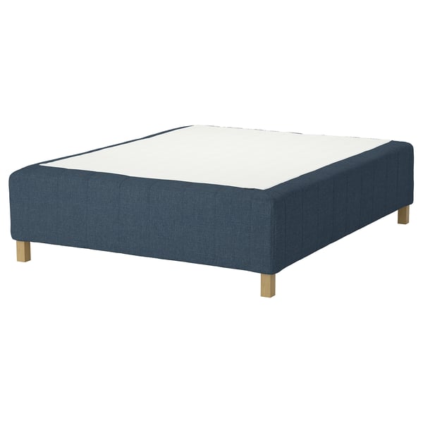 RISHÖJDEN bed base: dark blue, fabric-covered, rectangular, with wooden legs.