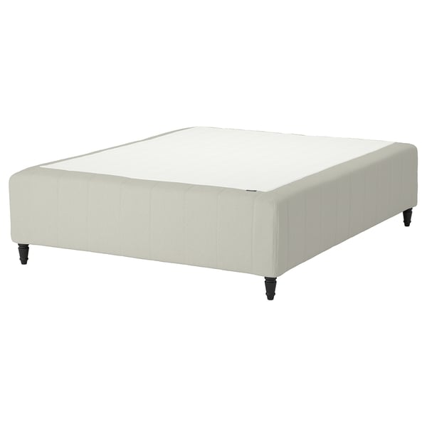 RISHÖJDEN mattress base: white, upholstered, rectangular, four dark legs.