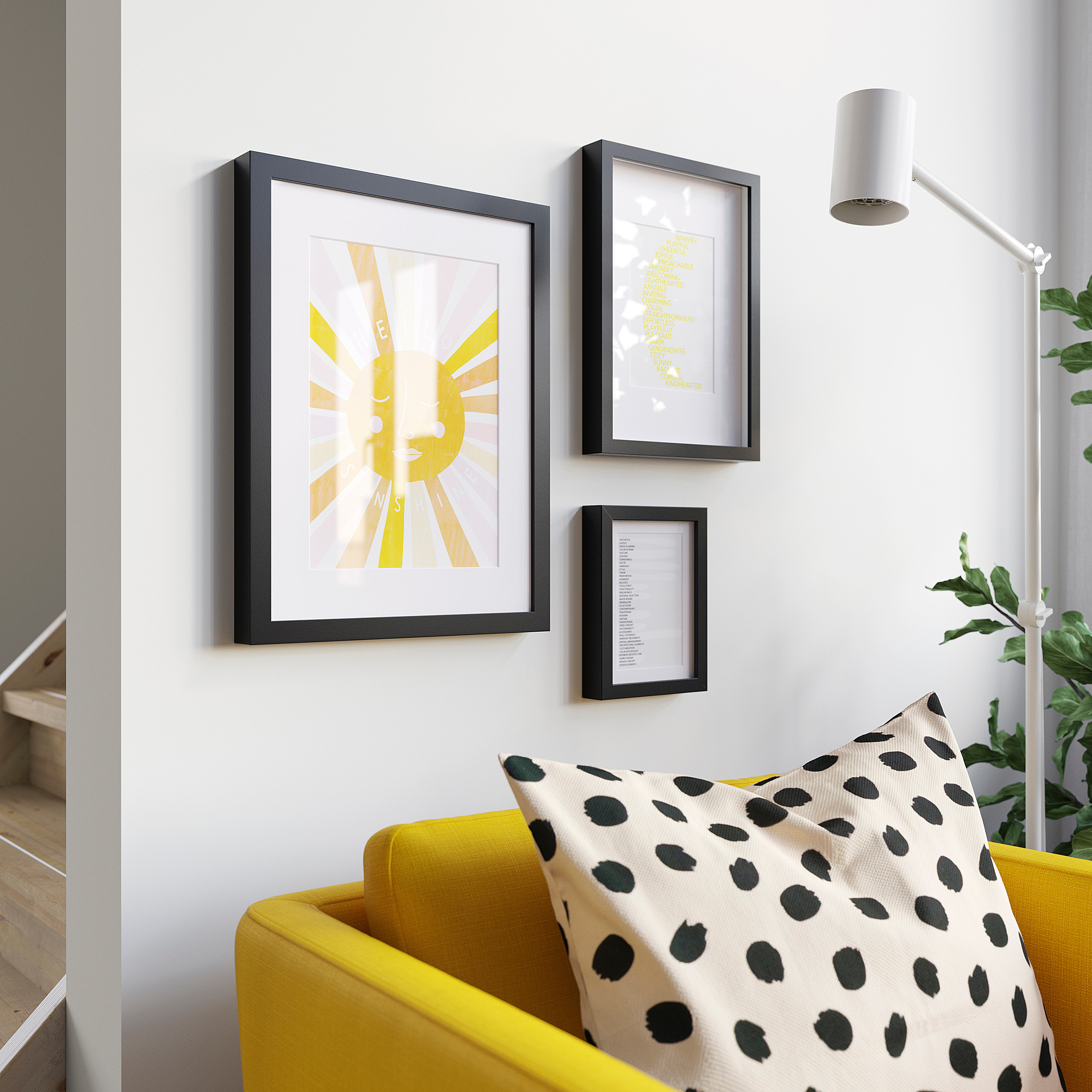 Three art frames, yellow chair, lamp plant.