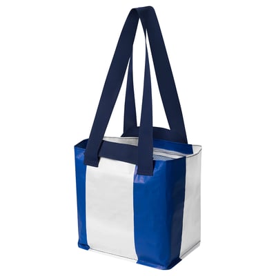 Blue and silver reusable shopping tote with long handles, made from recycled polypropylene, rectangular shape with zip top.