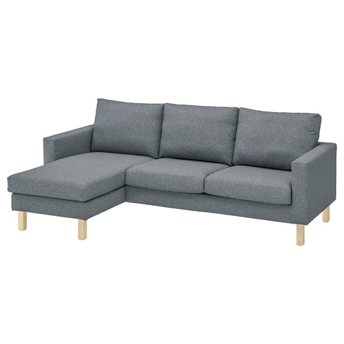 SALTSJÖBADEN sectional sofa in grey with chaise lounge and wooden legs.