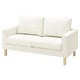 Modern white loveseat with sleek design, upholstered in recycled polyester and cotton, featuring clean lines and wooden legs.