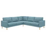 Blue recycled fabric sectional sofa, modern corner design.