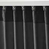 Four dark grey velvet curtains hang neatly, showing pleats and hooks for multiple hanging options.