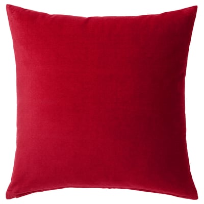 Red velvet square cushion, soft, solid-colored with zipper, no patterns or embellishments.