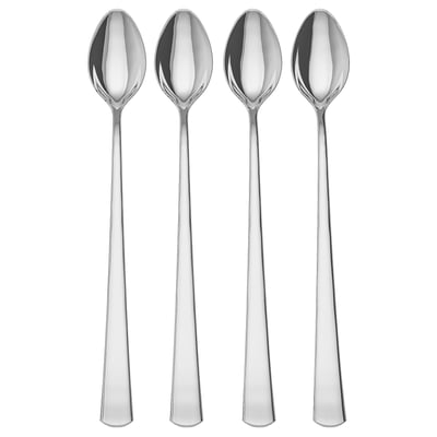 Four silver spoons, sleek and shiny, laid out in a row. Simple, classic design. Stainless steel material.