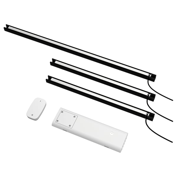 Black led light strips and white control accessories; wireless switch.