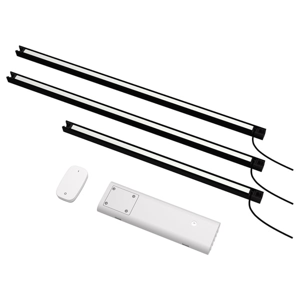 Image SILVERGLANS led bathroom lighting strips, wireless control unit, and accessories in black and white.