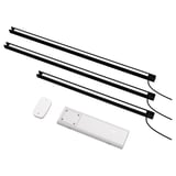 Image SILVERGLANS led bathroom lighting strips, wireless control unit, and accessories in black and white.