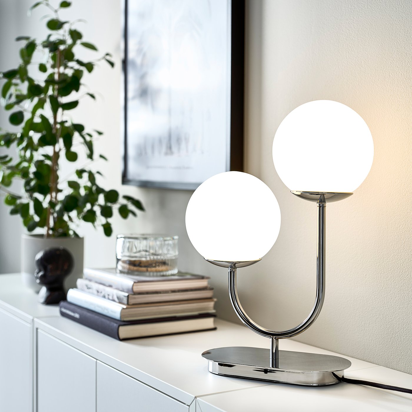 SIMRISHAMN table lamp, chrome-plated/opal white glass, 42 cm