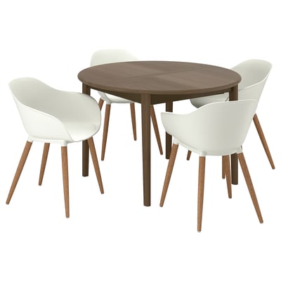 Modern dining set SKANSNÄS: 4 brown round table, 4 white chairs, wooden legs.