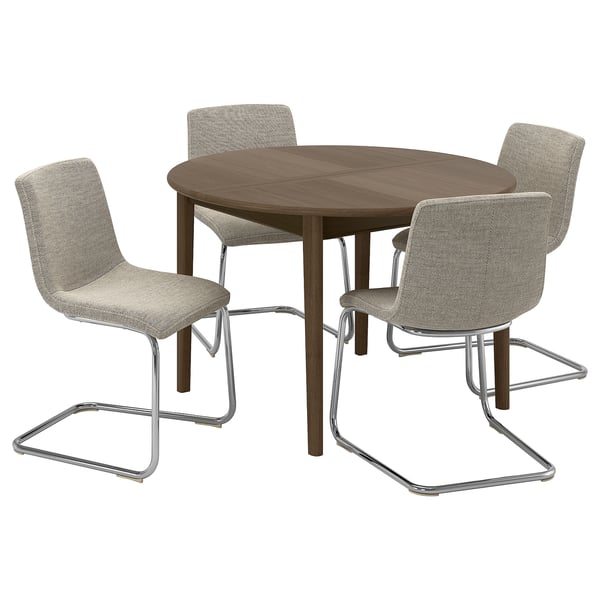 Small round brown dining table with 4 grey fabric chairs with chrome bases. Modern, sleek design with comfortable seats.
