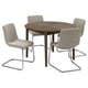 Small round brown dining table with 4 grey fabric chairs with chrome bases. Modern, sleek design with comfortable seats.